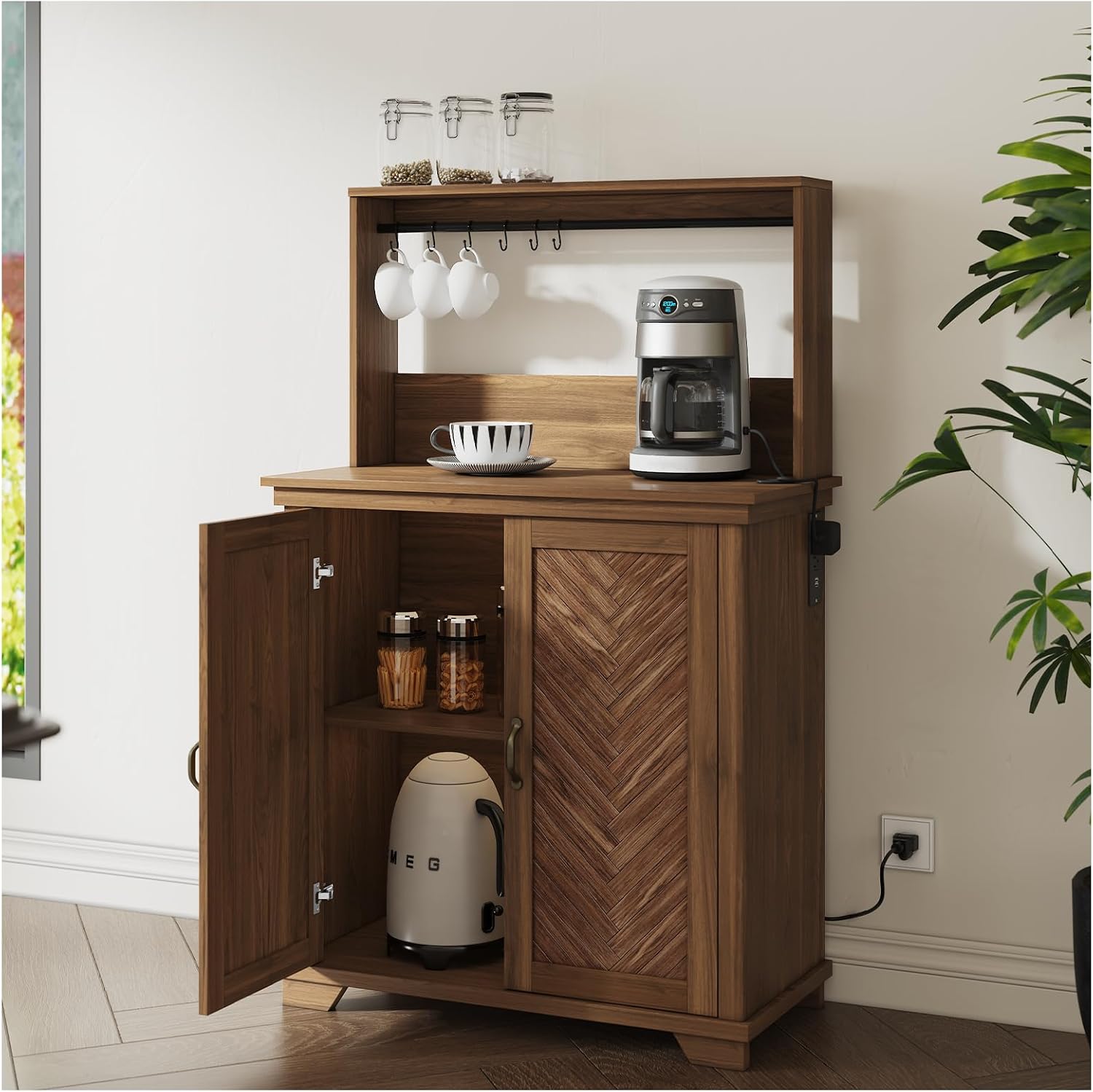 JOINICE Farmhouse Coffee Bar Cabinet with Storage,31.5' Kitchen Cabinet with Hooks and Charging Station,Coffee Station with Adjustable Shelf and Hutch,Sideboard for Living Dining Room