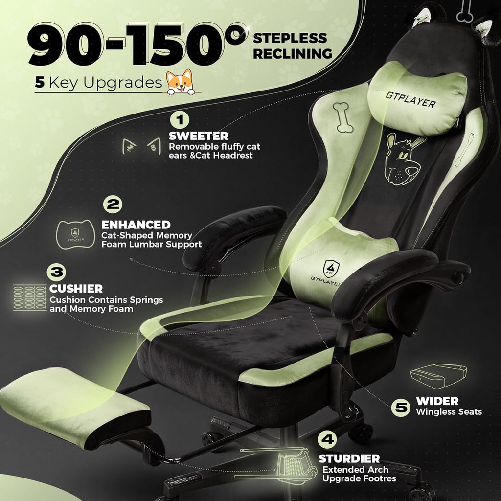GTPLAYER Gaming Chair Cute with Cat Ears Ergonomic Computer Chair with Dog Embroidery Adjustable Memory Foam Lumbar Support and Headrest Comfortable Reclining Office Chair Soft Velvet Fabric for Women