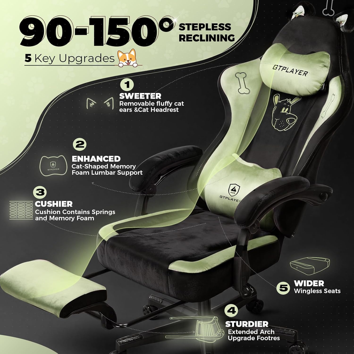 GTPLAYER Gaming Chair Cute with Cat Ears Ergonomic Computer Chair with Dog Embroidery Adjustable Memory Foam Lumbar Support and Headrest Comfortable Reclining Office Chair Soft Velvet Fabric for Women