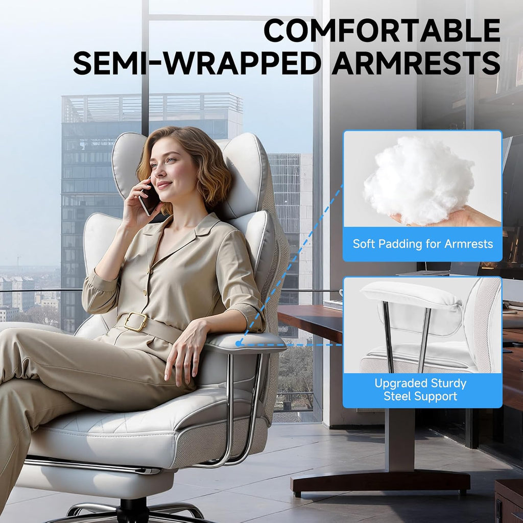 GTPLAYER Gaming Chair,Office Chair with Pocket Spring Lumbar Support, Ergonomic Comfortable Wide Office Desk Computer Chair with Outward Fixed Soft Armrests and Footrest,(PU Leather, White)