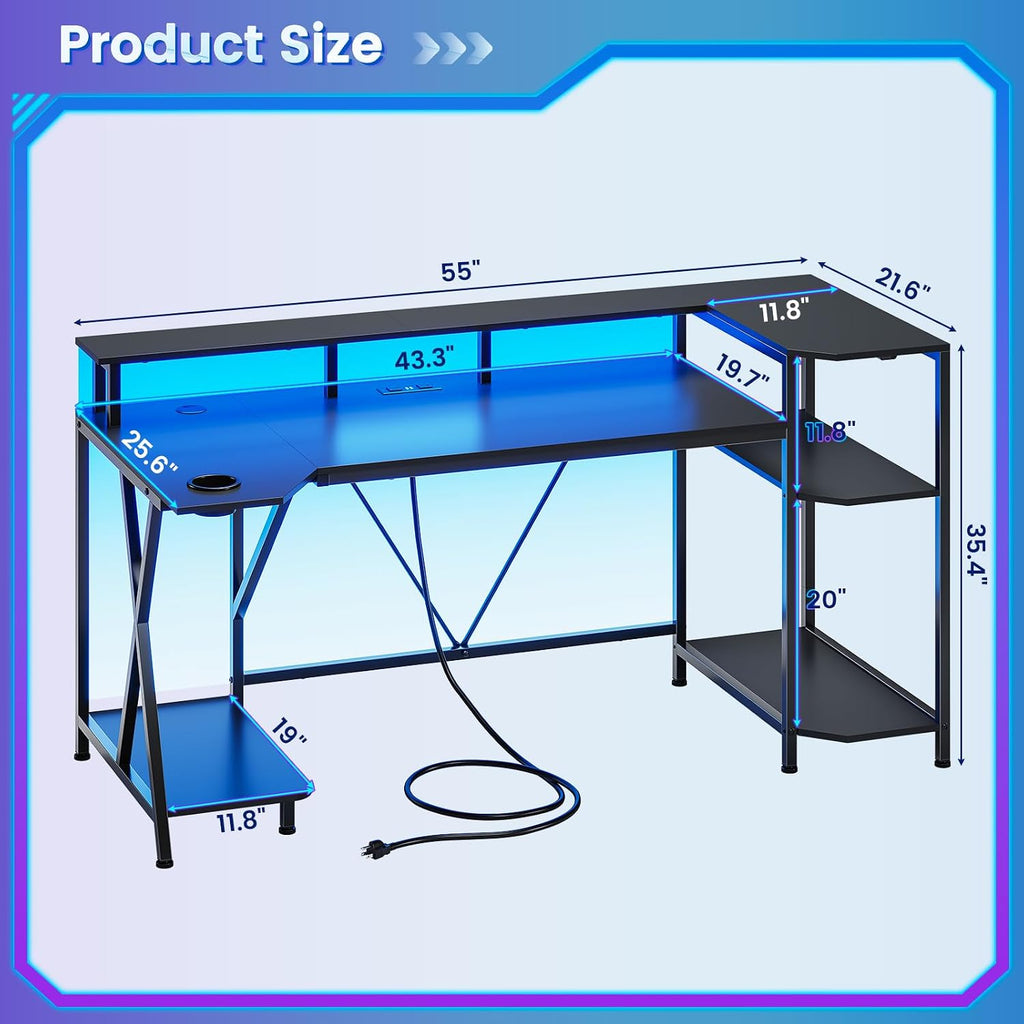 SEDETA Gaming Desk 55'' with LED Lights and Storage Shelves, Computer Desk with Monitor Stand, Power Outlets and Cup Holder, Large PC Gamer Desk, Gaming Table for Bedroom, Living Room, Black