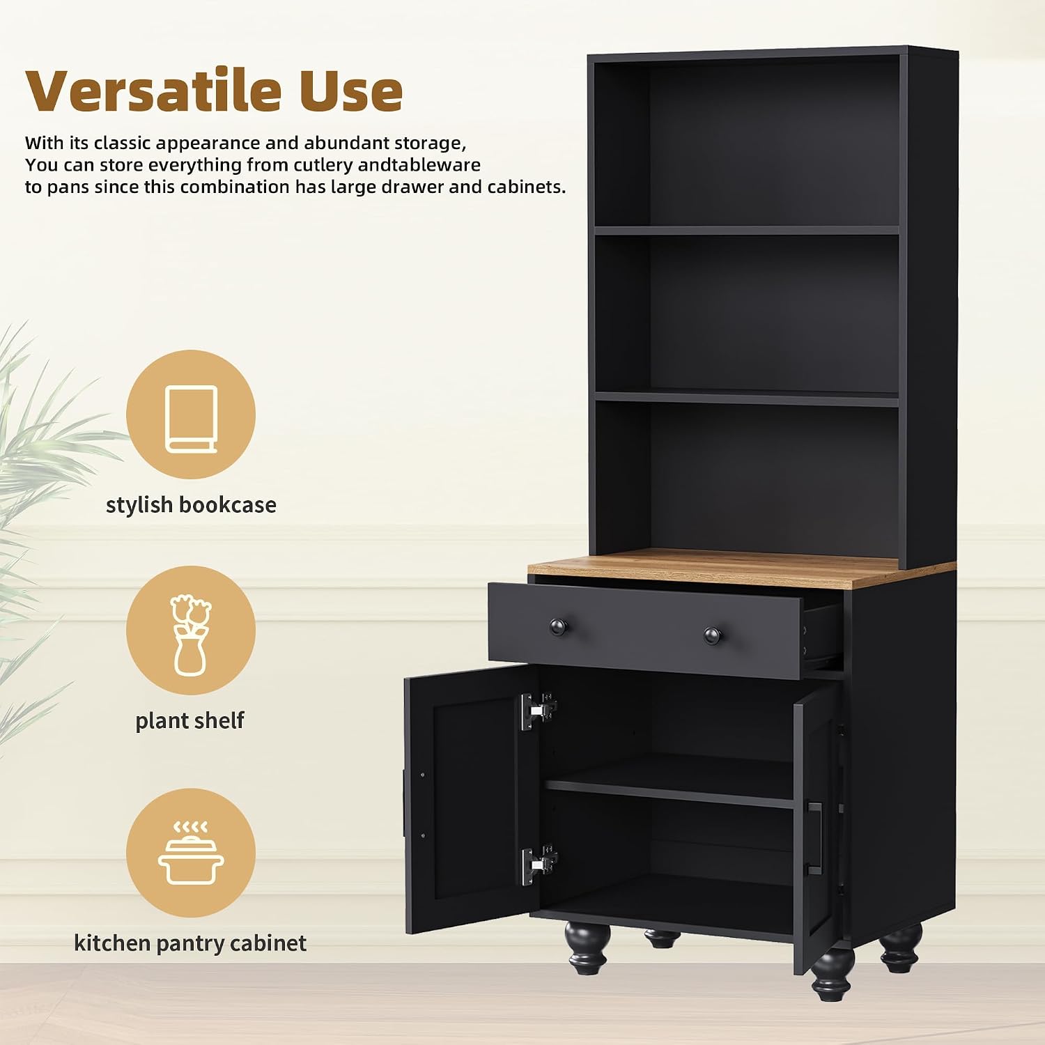 JOSHEN 63' Farmhouse Wood Grain & Solid Gourd Legs Showcase Cabinet, Display Case with Adjustable Shelves, Lego Display Shelves with Anti-Tip Kit & Drawer for Living Room, Kitchen, Black+Natural