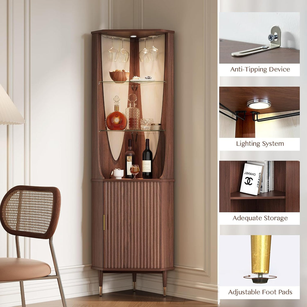 JOINICE 70' Tall Corner Cabinet,Mid Century Modern Cabinet with Doors,Fluted Corner Bar Cabinet with Glass Holder,Lights and Storage Shelves,Wine Bar Cabinet for Liquor, Living Room, Kitchen, Walnut