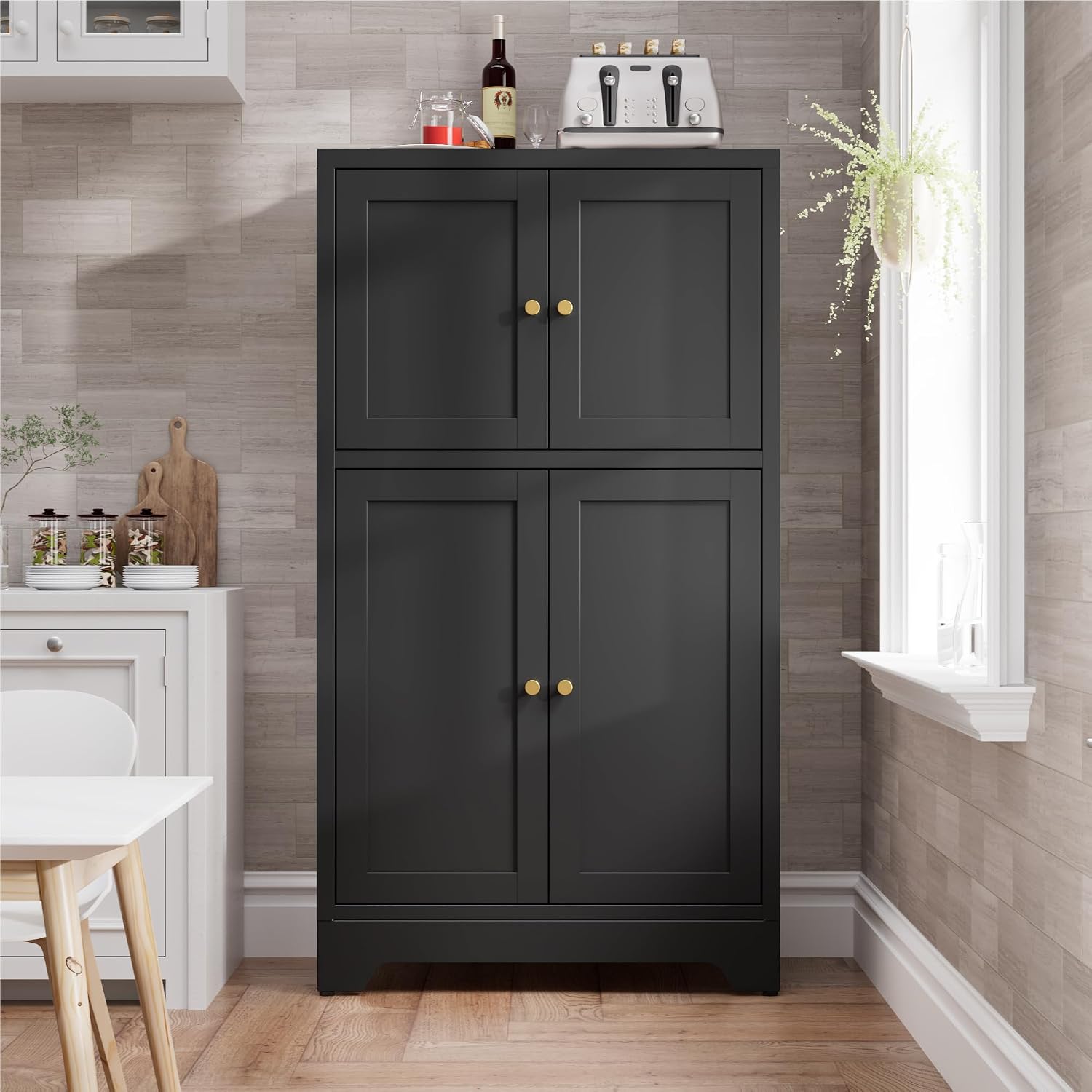 Bevivog Black Metal Locker Cabinet with 4 Doors, Metal Sideboard Cabinet Coffee Bar Storage Accent Cabinets for Home Office, Kitchen Living Room, Hallway, Entryway