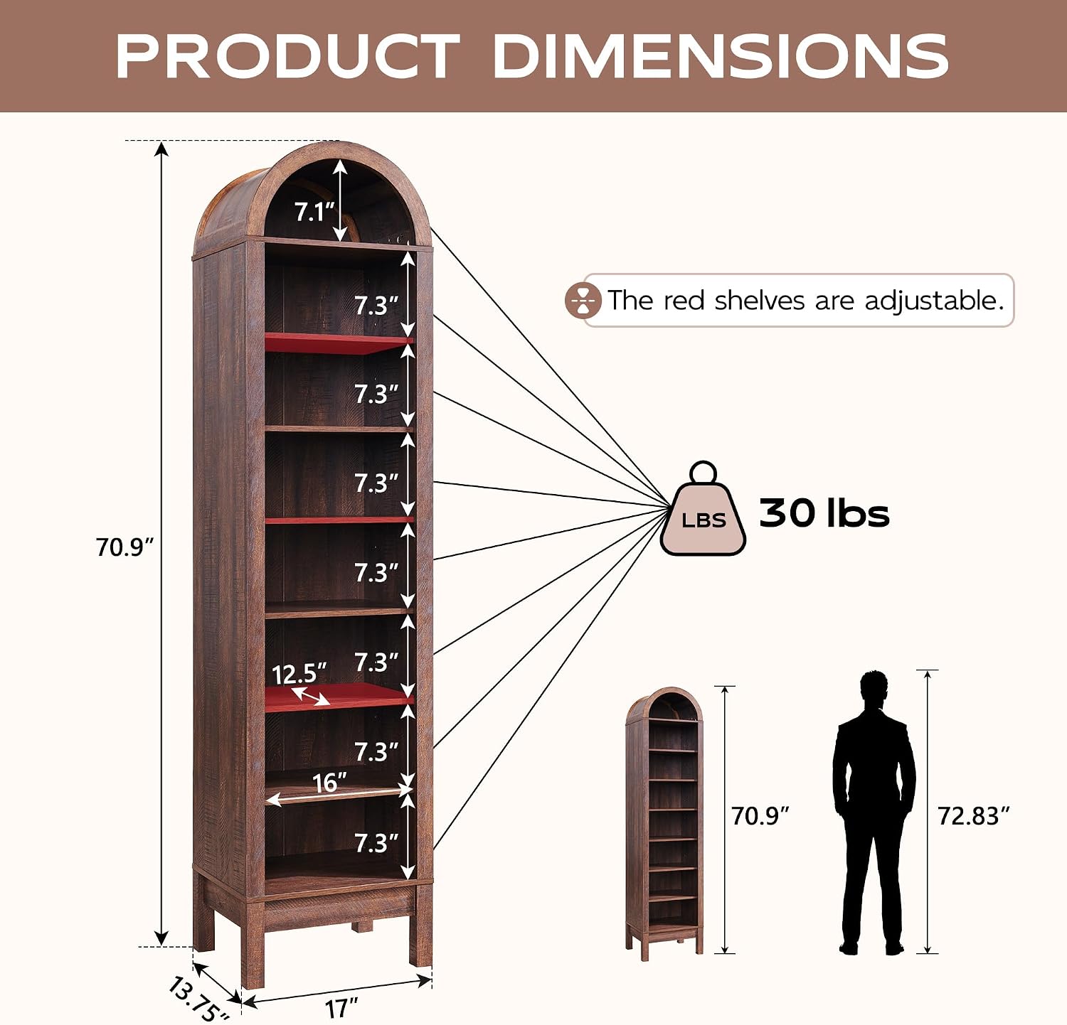 IFGET 71' Tall Arched Bookshelf, 8 Tiers Arch Bookcase with Storage, Modern Farmhouse Book Shelf with Adjustable Shelves, Wood Bookshelf w/Open Display Shelves for Living Room, Office (Brown)