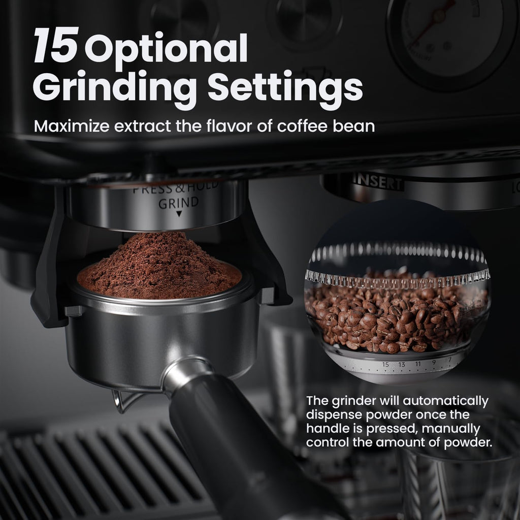 Espresso Machine Coffee Maker with Grinder - Professional 15Bar Cappuccino Latte Barista Machines with Milk Frother, Calibrated Tamping, 78OZ Removable Water Tank, Stainless Steel