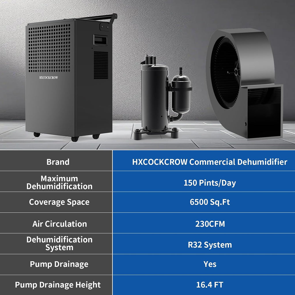 150 Pints Commercial Dehumidifier for Basement with Pump and Drain Hose, Up to 6,500 Sq.Ft for Garage, Large Space, Warehouse, Powerful Humidity Removal, Auto Defrost