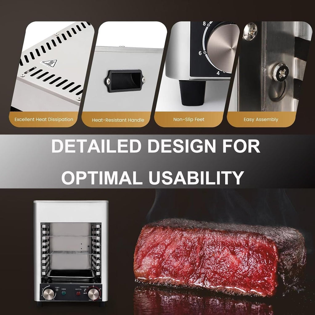 1700w Electric Steak Broiler,110v Electric Contact Grills W/10-Layer Grill/Stepless Knob/Time&Temperature Adjustable/Maximum Temperature 800℃,For Commercial And Home,Grey
