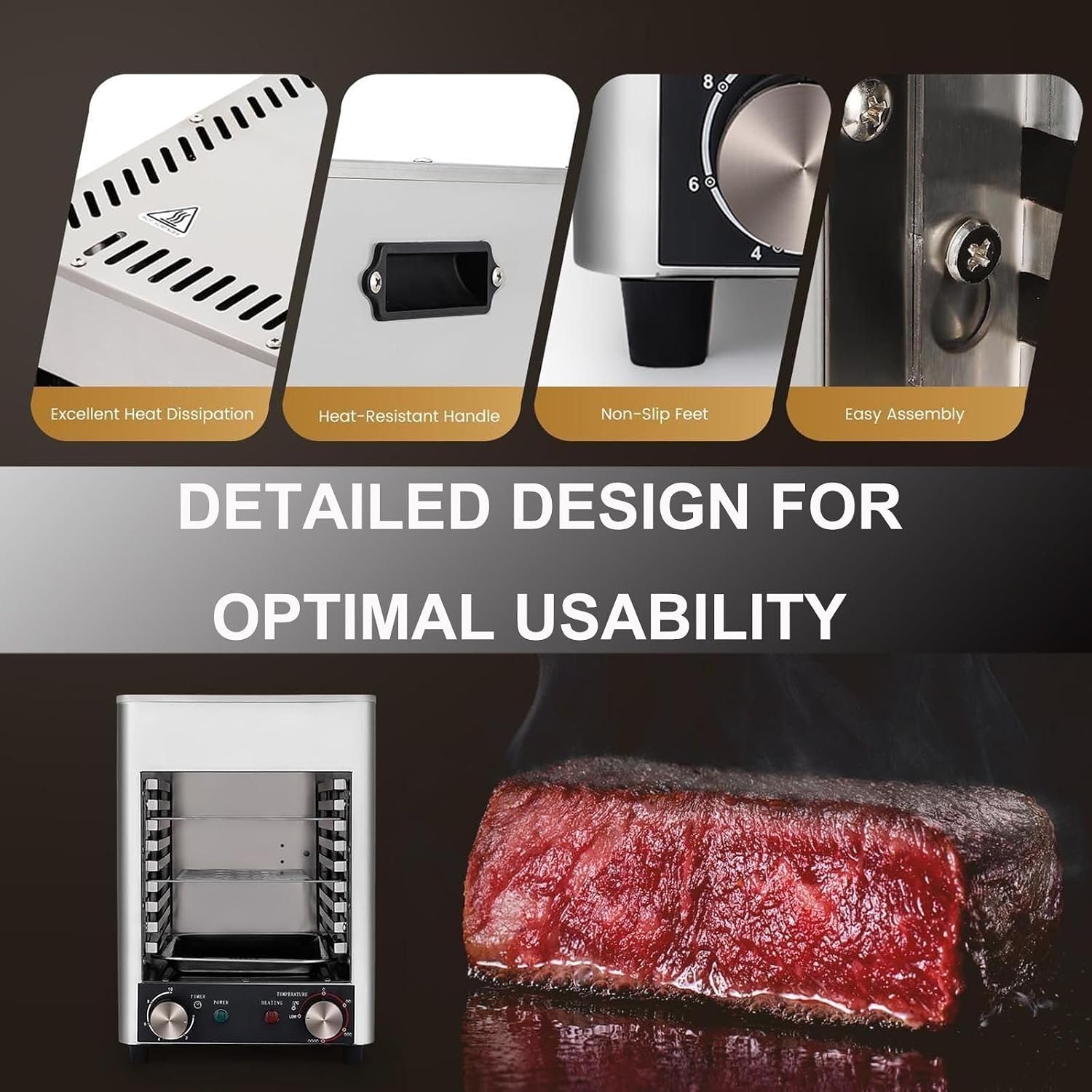 1700w Electric Steak Broiler,110v Electric Contact Grills W/10-Layer Grill/Stepless Knob/Time&Temperature Adjustable/Maximum Temperature 800℃,For Commercial And Home,Grey