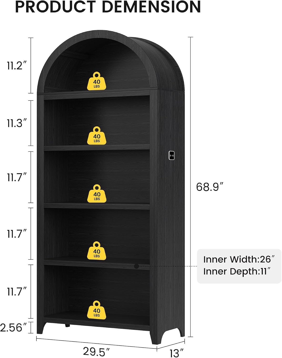 Arch Bookcase - 5 Tiers Bookshelf with 3 Colors LED Sensor Lights and Thickened Wooden Design Display Shelf for Lego Books Bathroom Living Room - Ideal Gift (Black)
