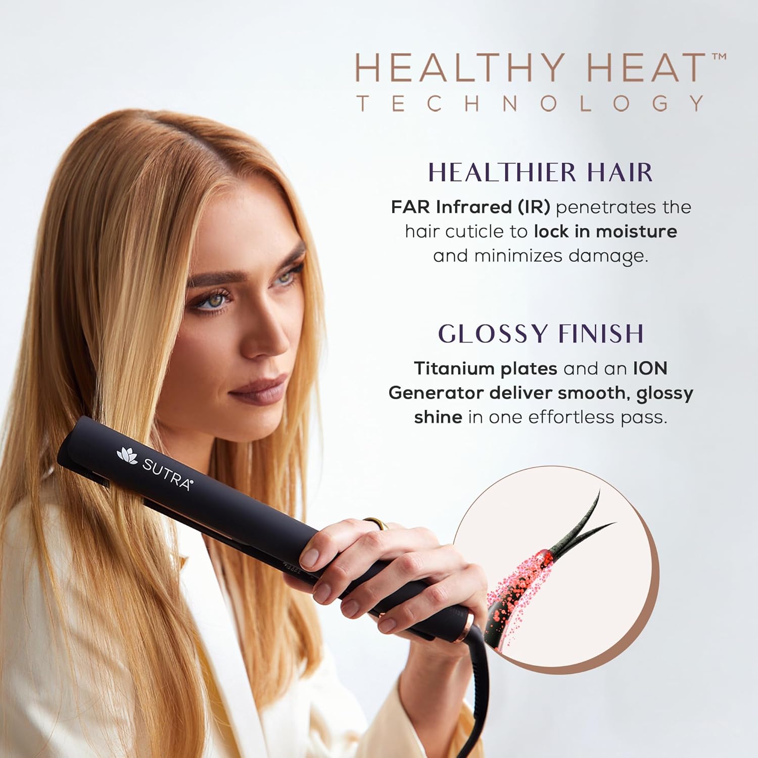 Sutra Professional IR2 Flat Iron - Ionic Infrared Hair Straightener with Adjustable Temperature, Auto Shut-Off & Swivel Cord - Straight Iron for Straightening Hair - Rose Gold Titanium Plate