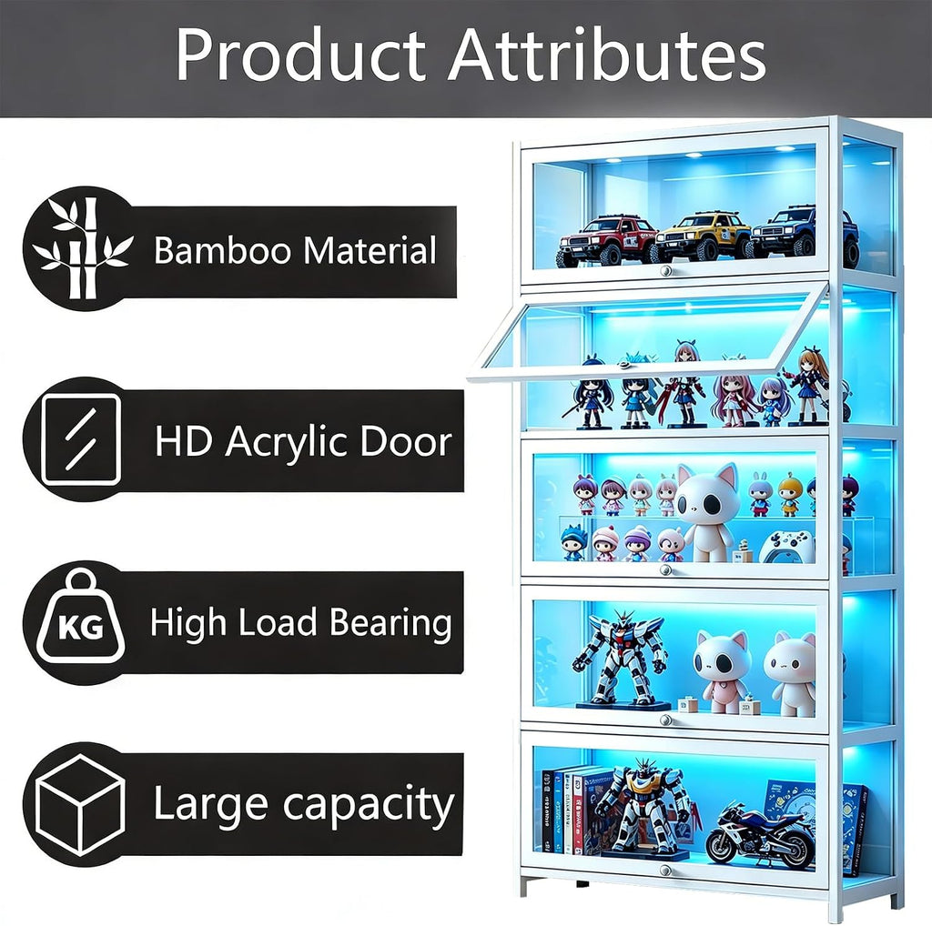 Display Cabinet with Acrylic Glass Door 67.7'' Tall Curio Cabinet - Collectibles Toy Organizers Rack & Display Case, Kids Bookcase for Bedroom, Reading Nook, Toddler's Room, Bamboo