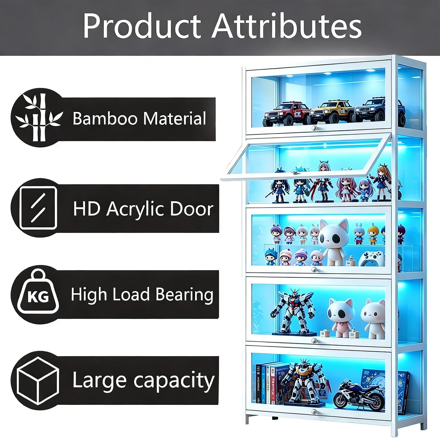 Display Cabinet with Acrylic Glass Door 67.7'' Tall Curio Cabinet - Collectibles Toy Organizers Rack & Display Case, Kids Bookcase for Bedroom, Reading Nook, Toddler's Room, Bamboo