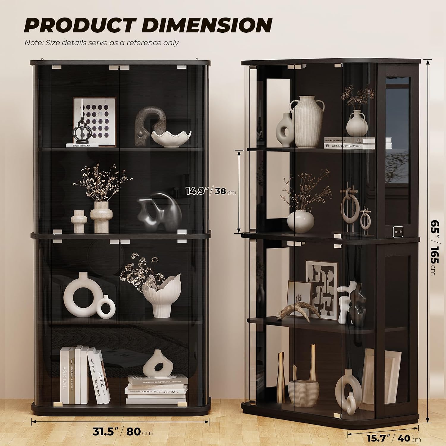 BROTTAR Rounded Display Cabinet with Glass Door, 4-Tier Curio Cabinet with Transparent Full-Display Surface for Collectibles, Glass Display Case with 3 Color Lights, Human Body Sensor, Black
