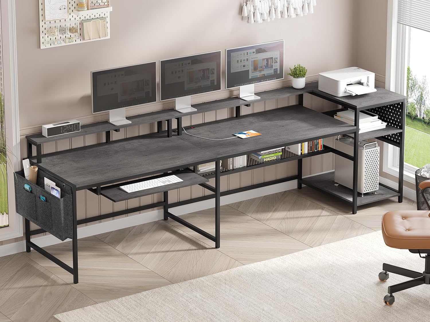 SEDETA L Shaped Gaming Desk, Convertible 96' Home Office Desk or Corner Desk, L Shaped Table with Power Outlets & LED Strip, Monitor Stand, Keyboard Tray, Pegboard and Storage Shelves, Grey
