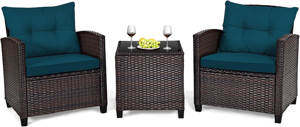 Tangkula 3 Pieces Patio Furniture Set, PE Rattan Wicker 3 Pcs Outdoor Sofa Set w/Washable Cushion and Tempered Glass Tabletop, Conversation Furniture for Garden Poolside Balcony (Prussian Blue)