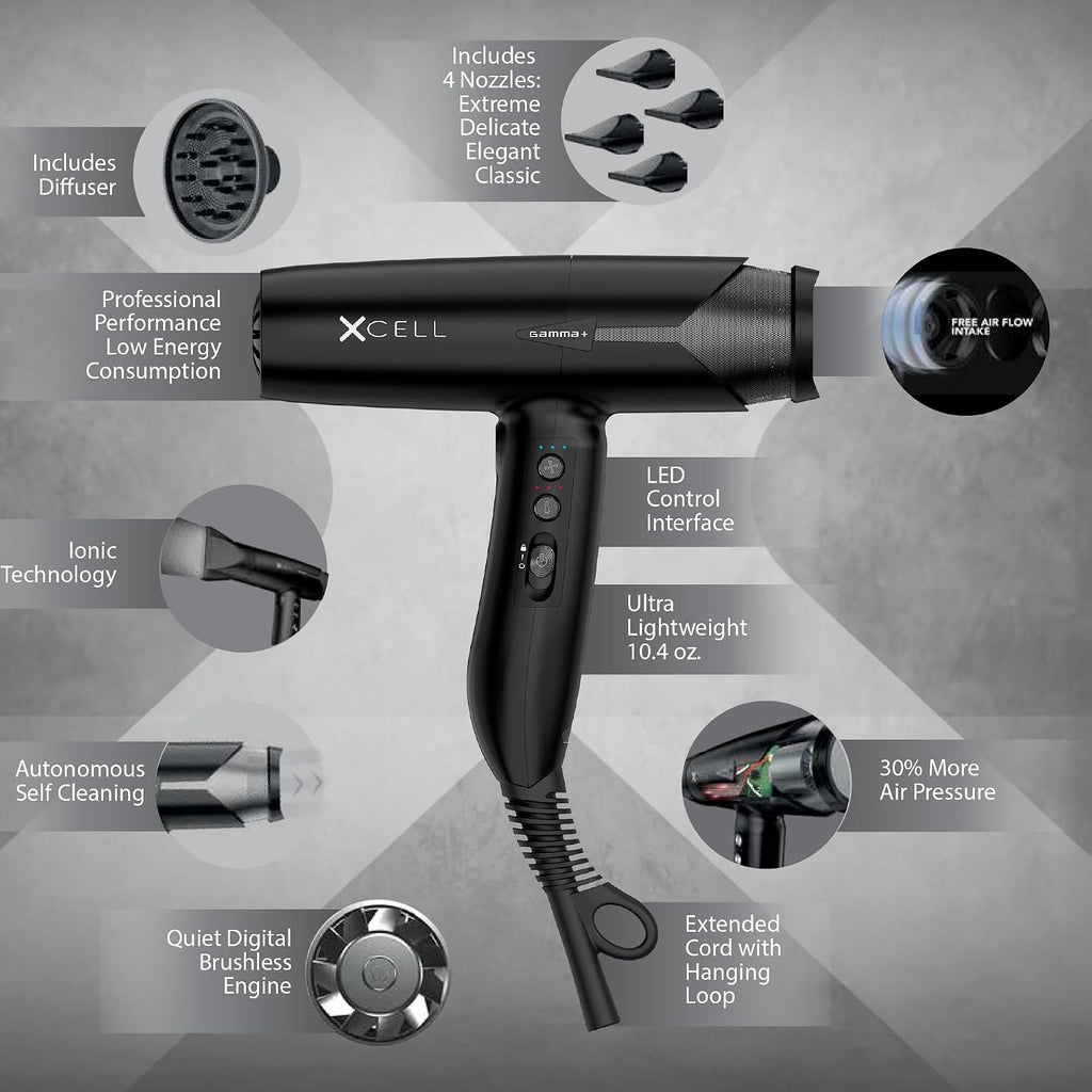GAMMA+ XCell Professional Ultra-Lightweight Hair Dryer Digital Motor Ionic Technology Whisper Quiet 12 Heat/Speeds