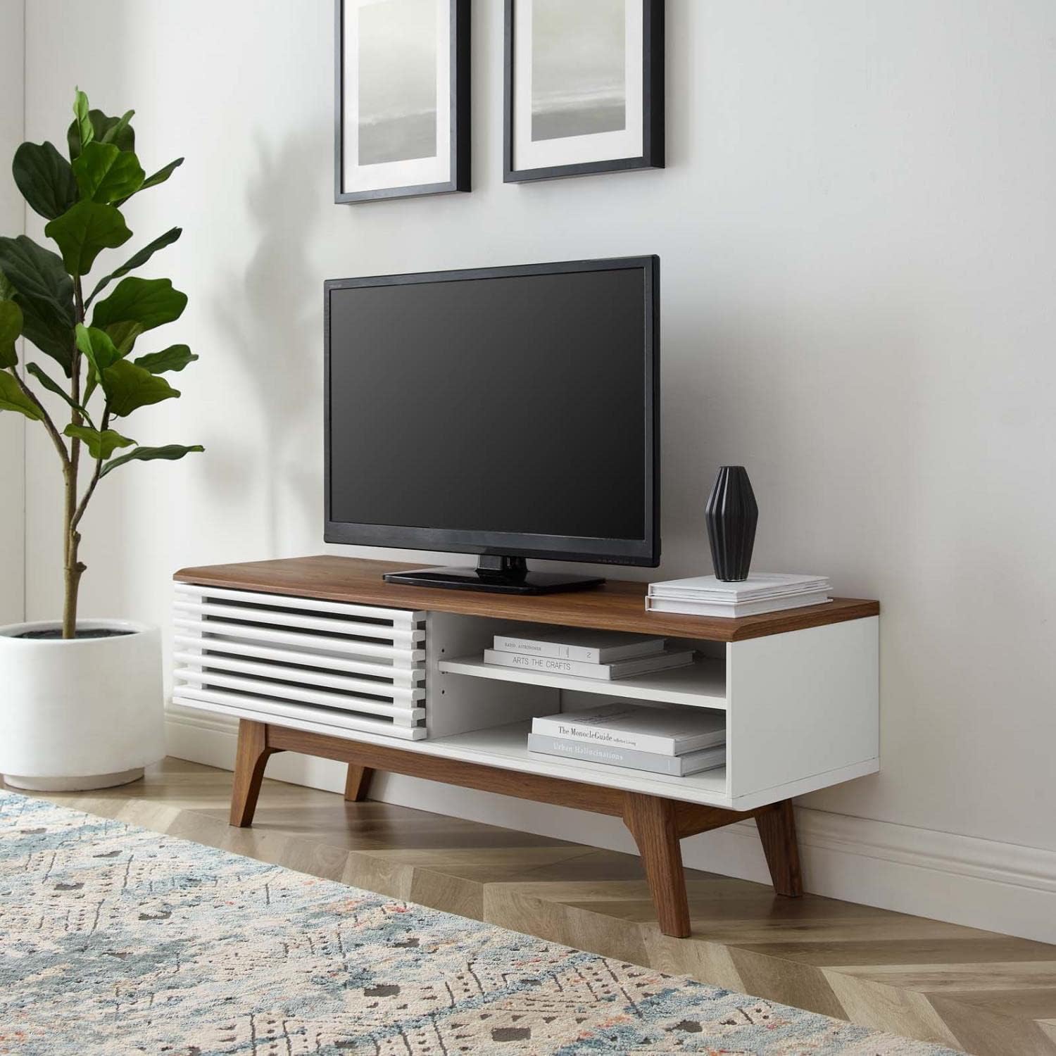Modway Render Mid-Century Modern Low Profile 48 Inch TV Stand in Walnut White, 48'
