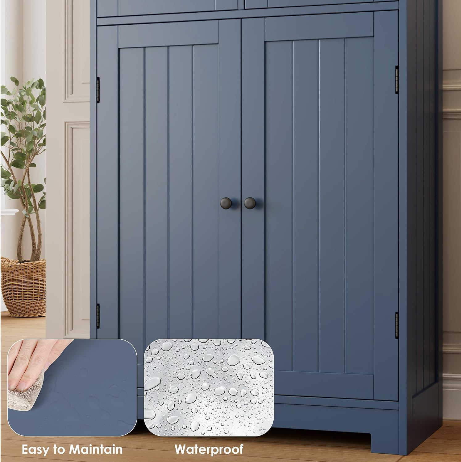 HORSTORS 67' Tall Bathroom Storage Cabinet, Freestanding Storage Cabinet with Glass Door and Shelves, Kitchen Pantry with 2 Drawers for Bathroom, Living Room, Dining Room, Blue