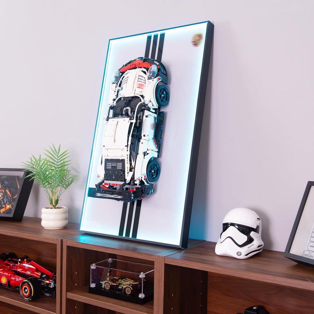 Display Wallboard with RGB LED Lights Compatible with Lego Technic Porsche 911 RSR Race Car Model Building Kit 42096 - Adult Collectibles Wall Mount for Home or Office Décor (No Car Included)