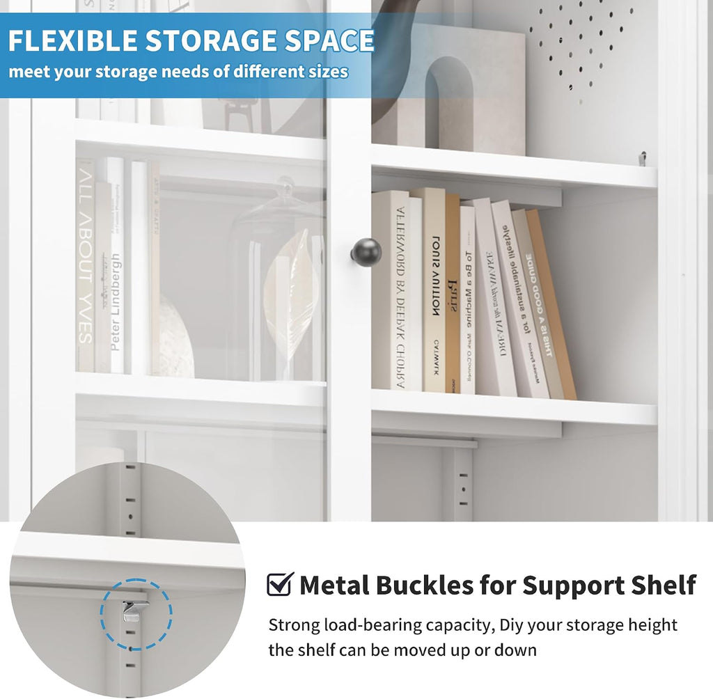 Metal Storage Cabinet with 5 Adjustable Shelves, Display Cabinet with Glass Doors, 72' Tall Kitchen Pantry Cabinet, Steel Cupboard for Home Office Living Room, Assembly Required (White)