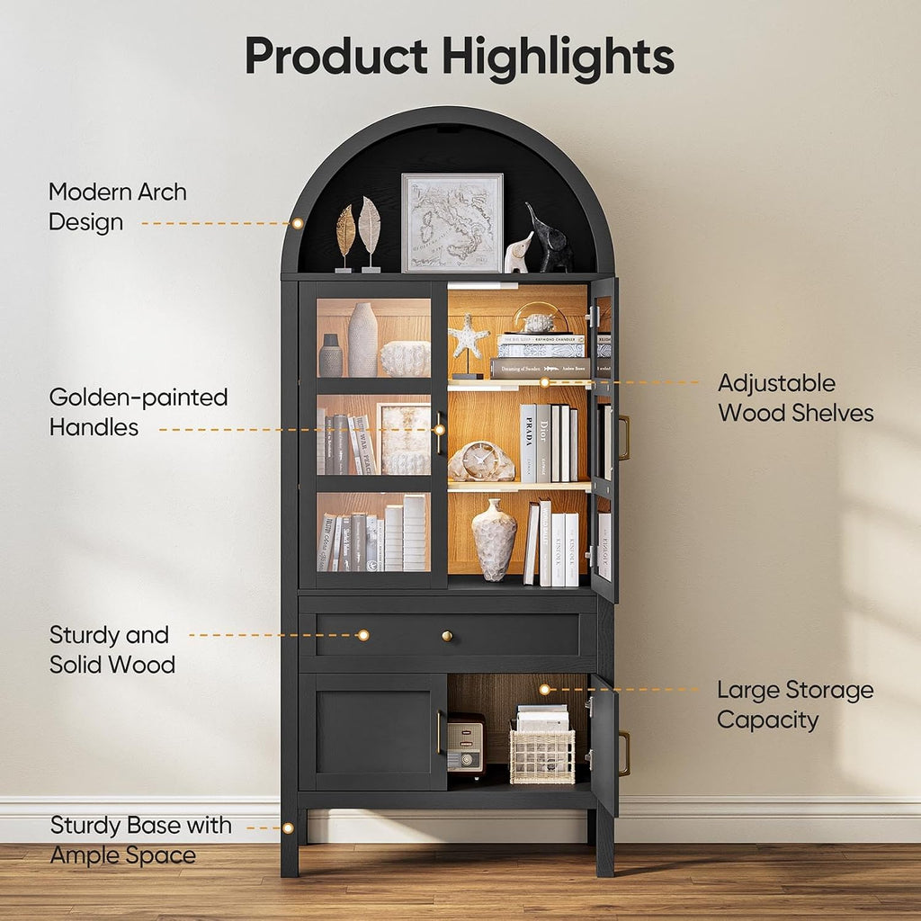 71' Display Arched Storage Cabinet with Glass Doors & Auto Sensor LED Lights, Tall Modern Black Storage Cabinets with Drawers and Adjustable Shelves for Dining Room/Bathroom/Kitchen/Office