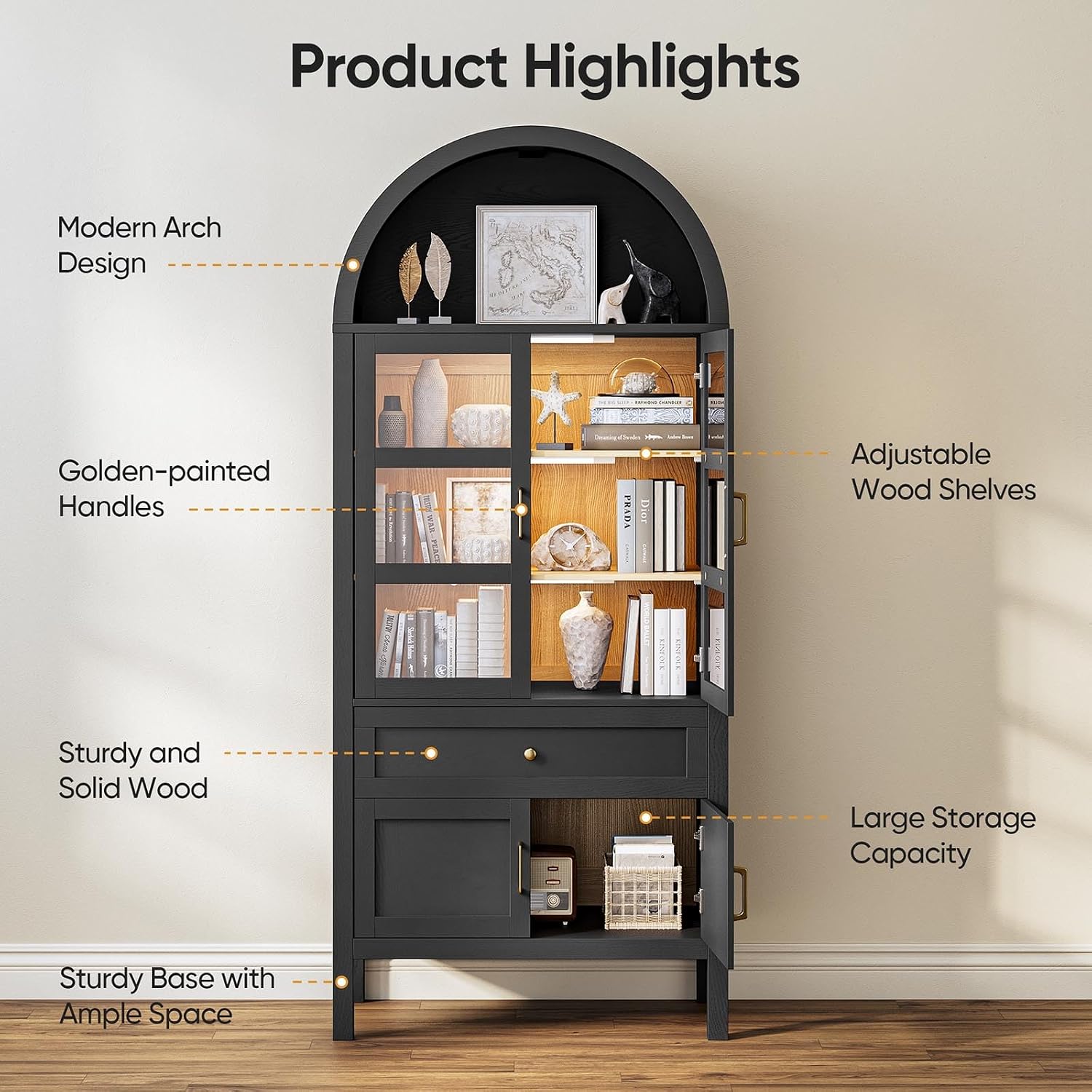 71' Display Arched Storage Cabinet with Glass Doors & Auto Sensor LED Lights, Tall Modern Black Storage Cabinets with Drawers and Adjustable Shelves for Dining Room/Bathroom/Kitchen/Office