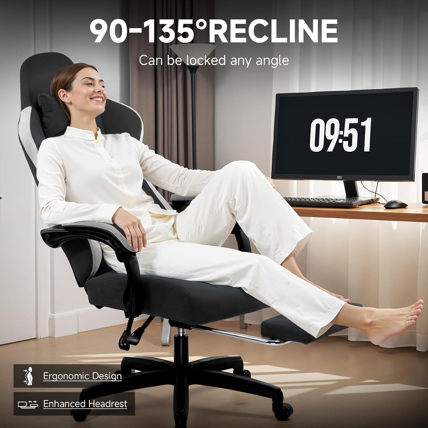 GTPLAYER Gaming Chair, Fabric Computer Office Chair with Pocket Spring Cushion, Ergonomic Office and Gaming, Video Gaming Chair with Linkage Armrests, High Back Desk Chair with Adjustable Recliner