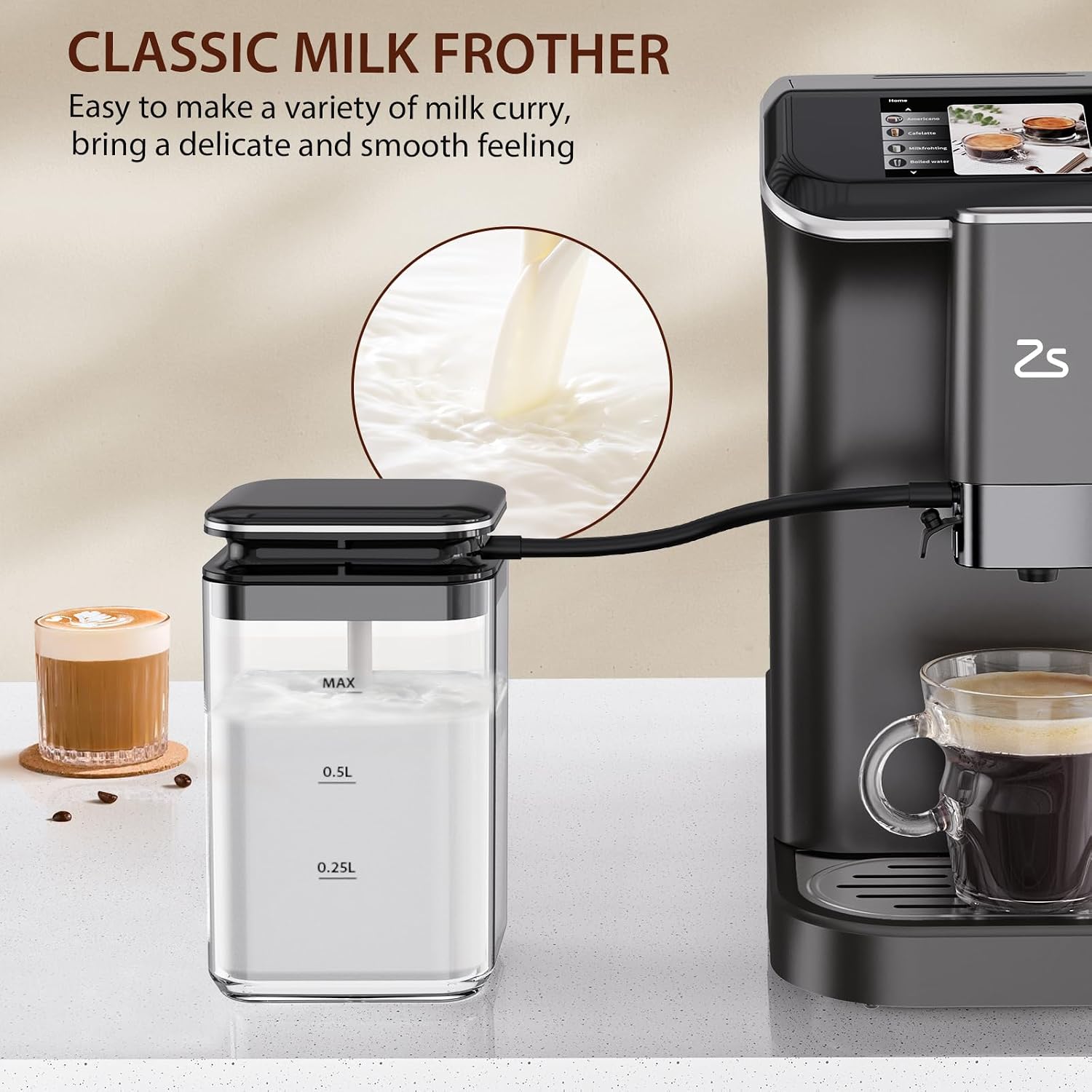 Fully Automatic Espresso Machine with Grinder, Espresso Machine with Milk Frother, 1-15 Adjustable Grind Size Levels, 1.5L Water Tank, Auto-Cleaning, Cappuccino & Latte Machine for Home