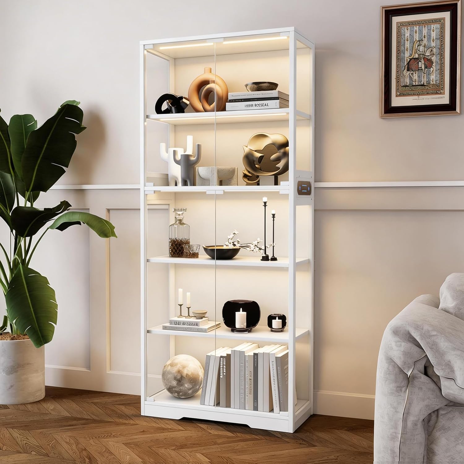 Glass Display Cabinet, 5-Tier Curio Cabinet with Glass Doors, Dimming LED Lights & Motion Sensor, for Collectible Figures, Living Room, Bedroom, or Office (Iron Frame White)