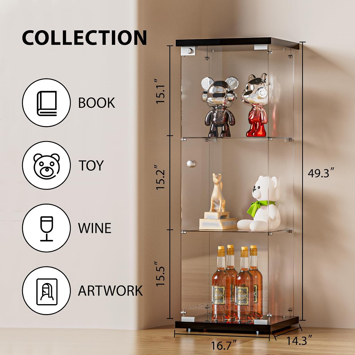 FANYUSHOW 3-Shelf Glass Display Cabinet with Door, Upgraded Quick-Install Style Curio Cabinets 5mm Tempered Glass Floor Standing Bookshelf for Bedroom, Living Room 49.1'x 16.7'x 14.3' Black