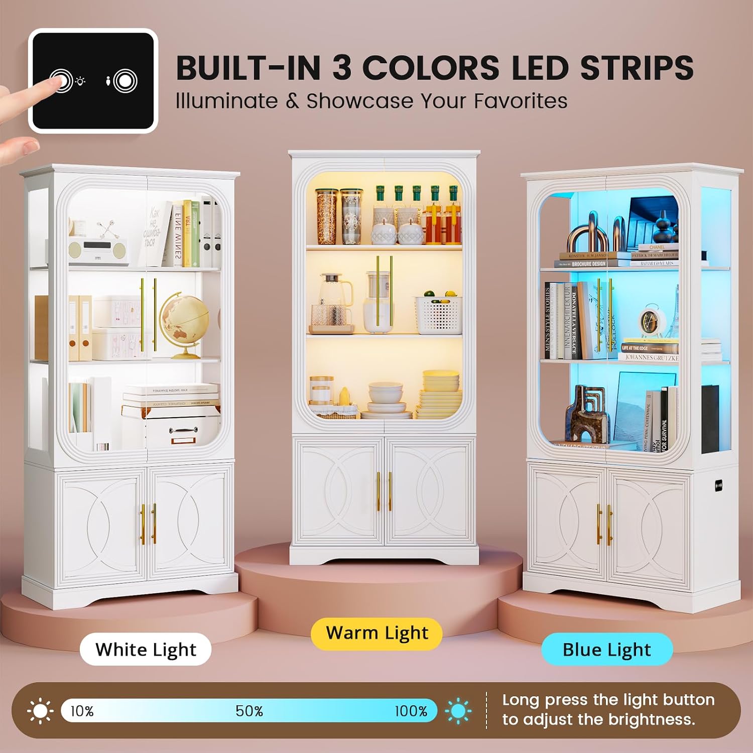 Lareth Display Cabinet with Glass Doors, 69 in Tall Bookcase with LED Lights, Glass Display Case Kitchen Pantry Cabinet, 5 Tier Curio Storage Cabinet for Living Room, Home Office, White