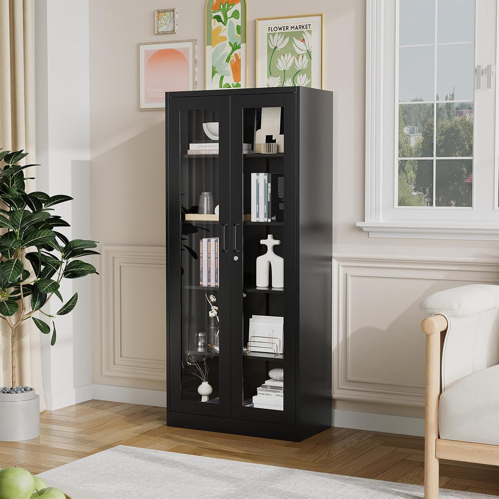 PEUKC Display Cabinet with Glass Doors, 71 Inches Metal Curio Storage Cabinets with 4 Adjustable Shelves, Locking Glass Cabinet Display Case for Home, Office, Clinic, Pantry (Black)