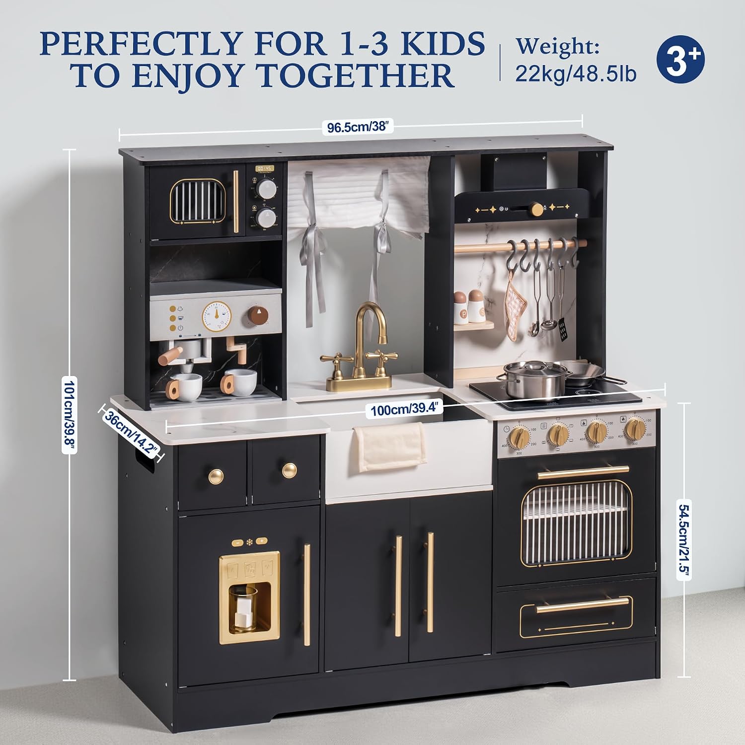ROBOTIME Wooden Play Kitchen for Kids, Toddler Kitchen Playset with Ice Maker and Coffee Machine, Realistic Kids Play Kitchen Toy Gift for Girls & Boys Ages 3+ Black