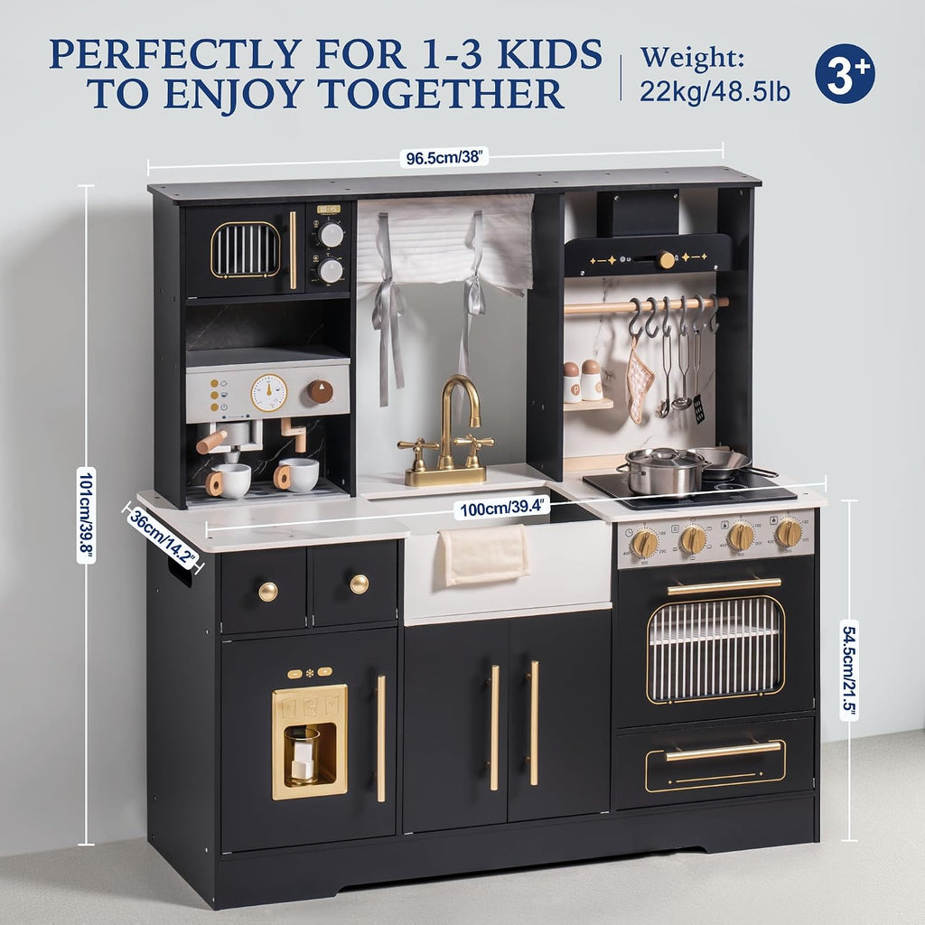 ROBOTIME Wooden Play Kitchen for Toddlers and Kids, Toy Kitchen Set with Ice Maker and Coffee Machine, Realistic Toddler Kitchen Set, Gift for Girls Boys Ages 3+
