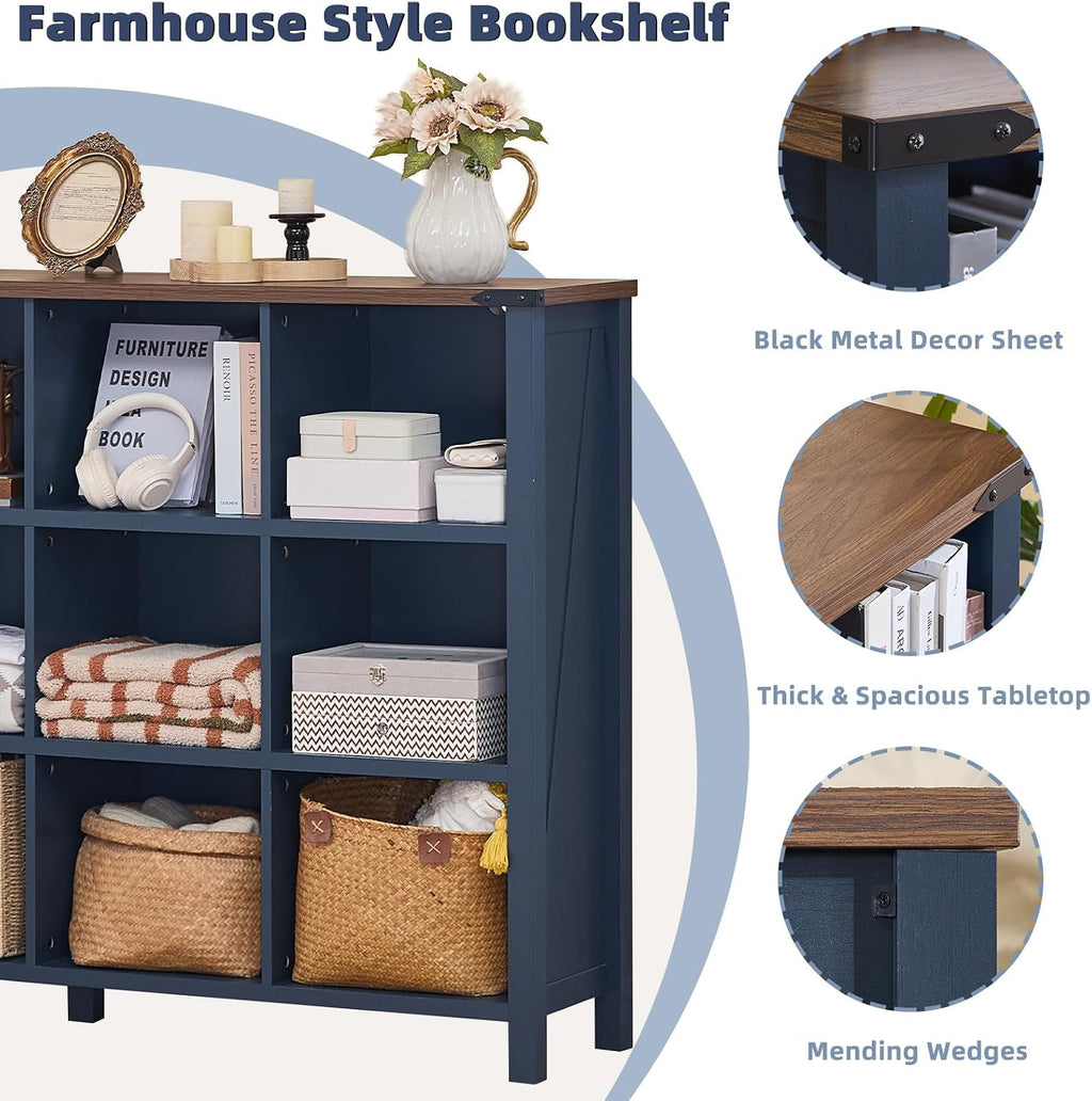 Joaxswe 12 Cube Storage Organizer, Farmhouse 62 Inch Wide Navy Blue Display Bookshelf, Wooden 3 Tier Large Open Book Shelf, Vintage Bookcase for Home Office, Cubby Cabinet for Living Room, Bedroom