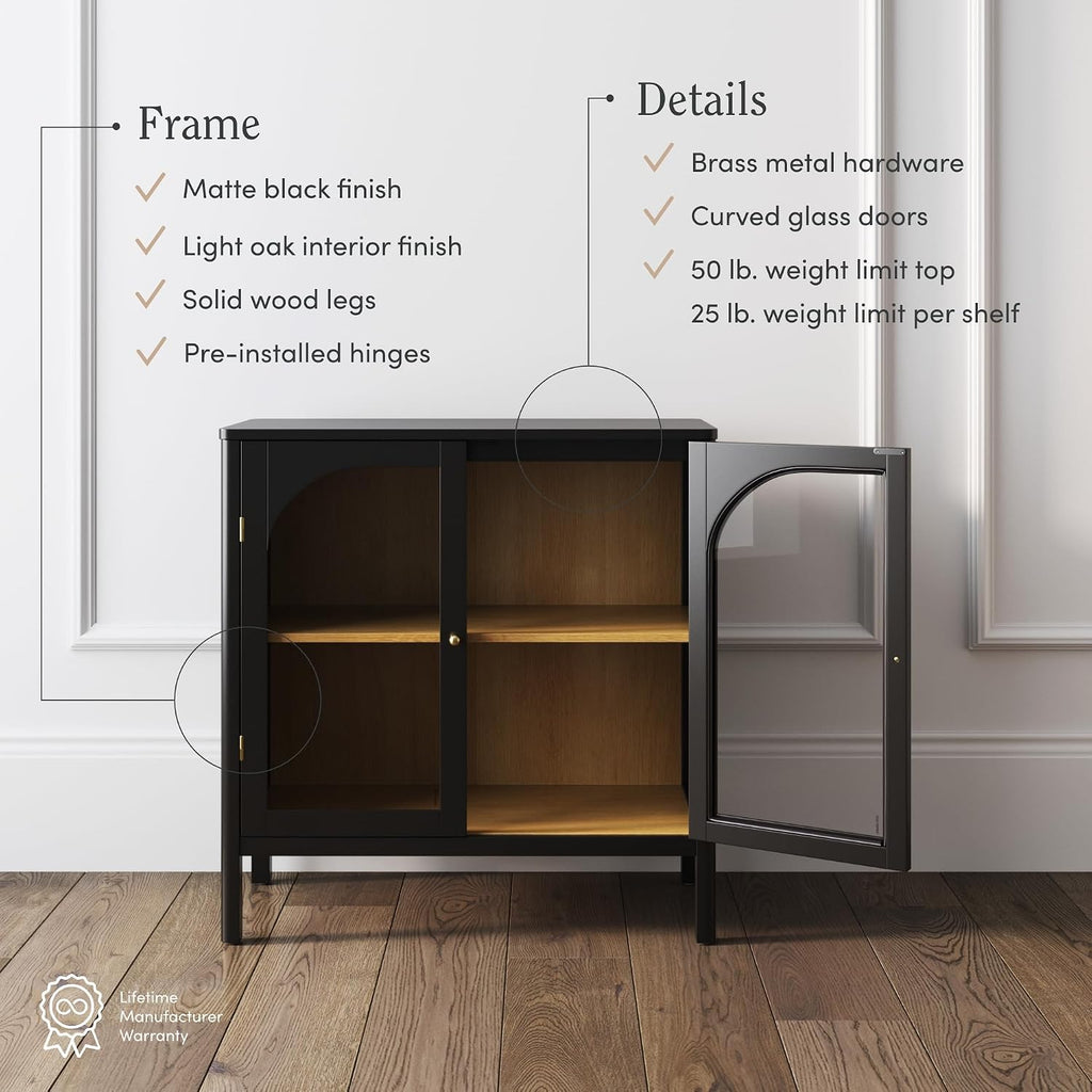 Nathan James Mason Storage Cabinet Accent Sideboard Buffet Credenza TV Stand with Glass Doors and Adjustable Shelf in Black Wood for Dining Room, Entryway and Living Room, Clear Glass/Black, Set of 2