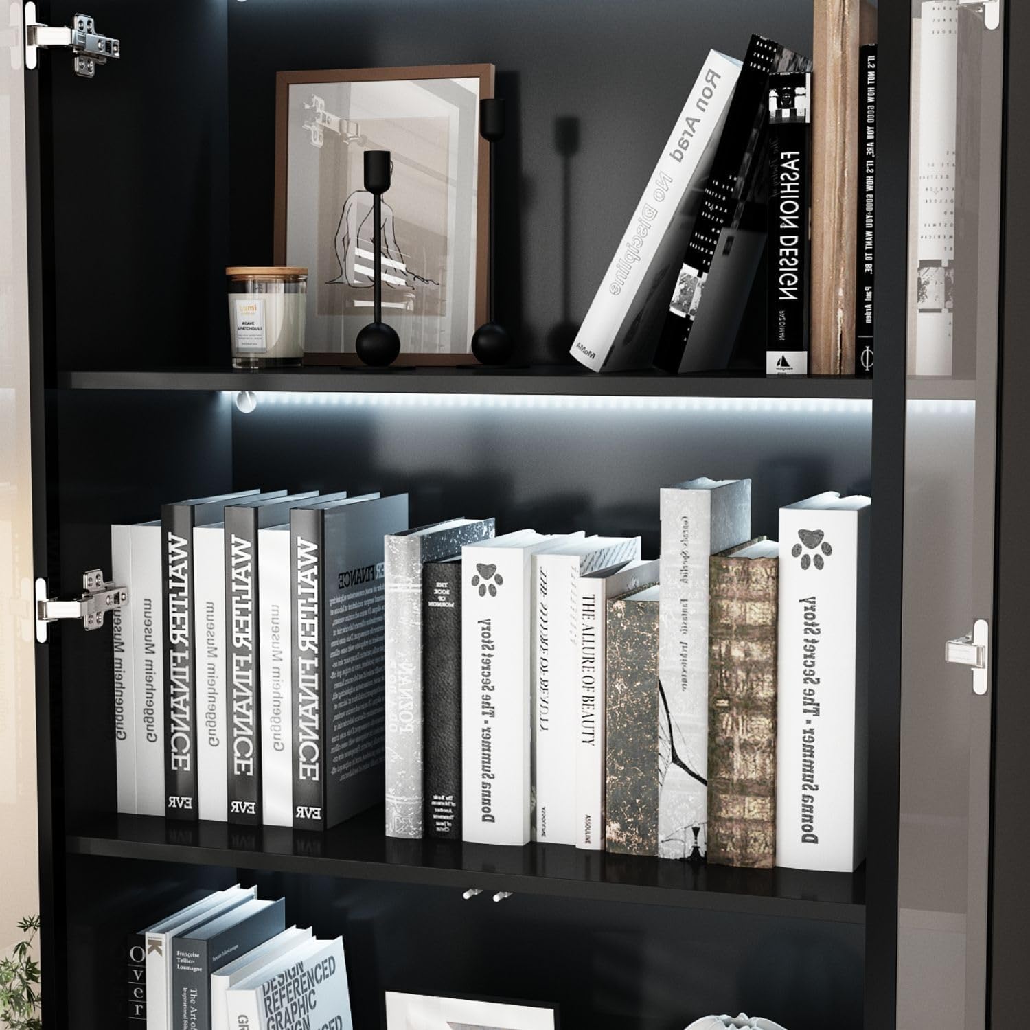 Display Cabinet with 4 Glass Doors and Lights, 5-Tier Storage Shelves, Pop-up Design, Trophy Case Display Cabinet for Collectibles, Black (31.5'W x 14.2'D x 78.7'H)