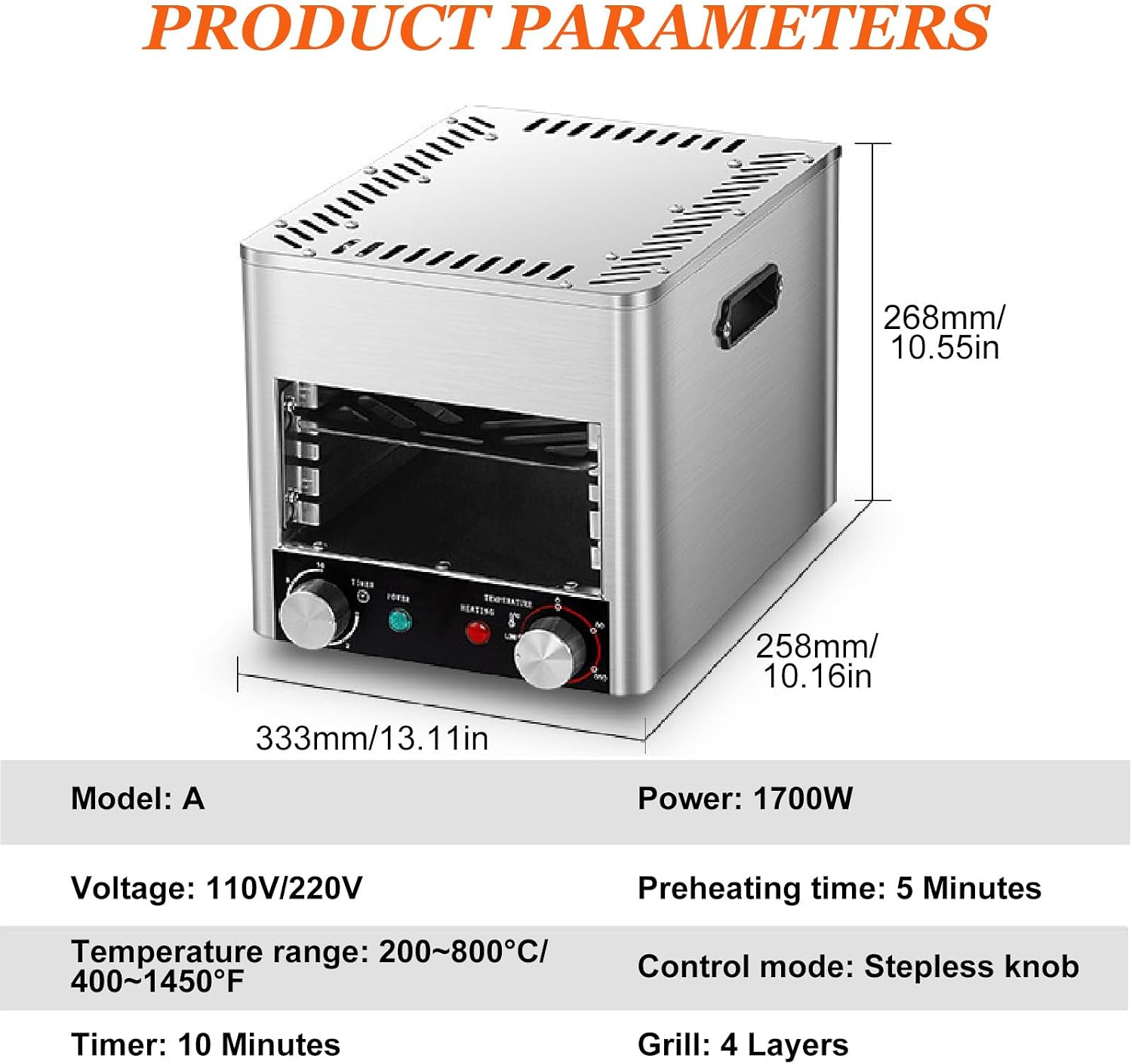 1500℉ Professional Steak Grill, 5 min Quick Heating Portable Steak Broiler for Meat, Seafood, Veggies and More, Stainless Steel,A-110V