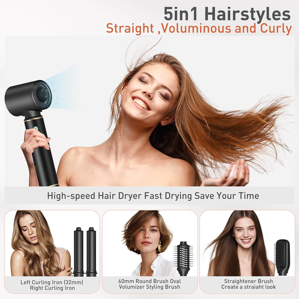 TANSHINE 5 in 1 Professional Hair Dryer Brush & Multi-Styler with 110,000 RPM,Ionic Powerful Blow Dryer Brush Set for Curling,Straightening,Volumizing,Fast Drying,Auto Wrap Curls Hot Air Styler,Black