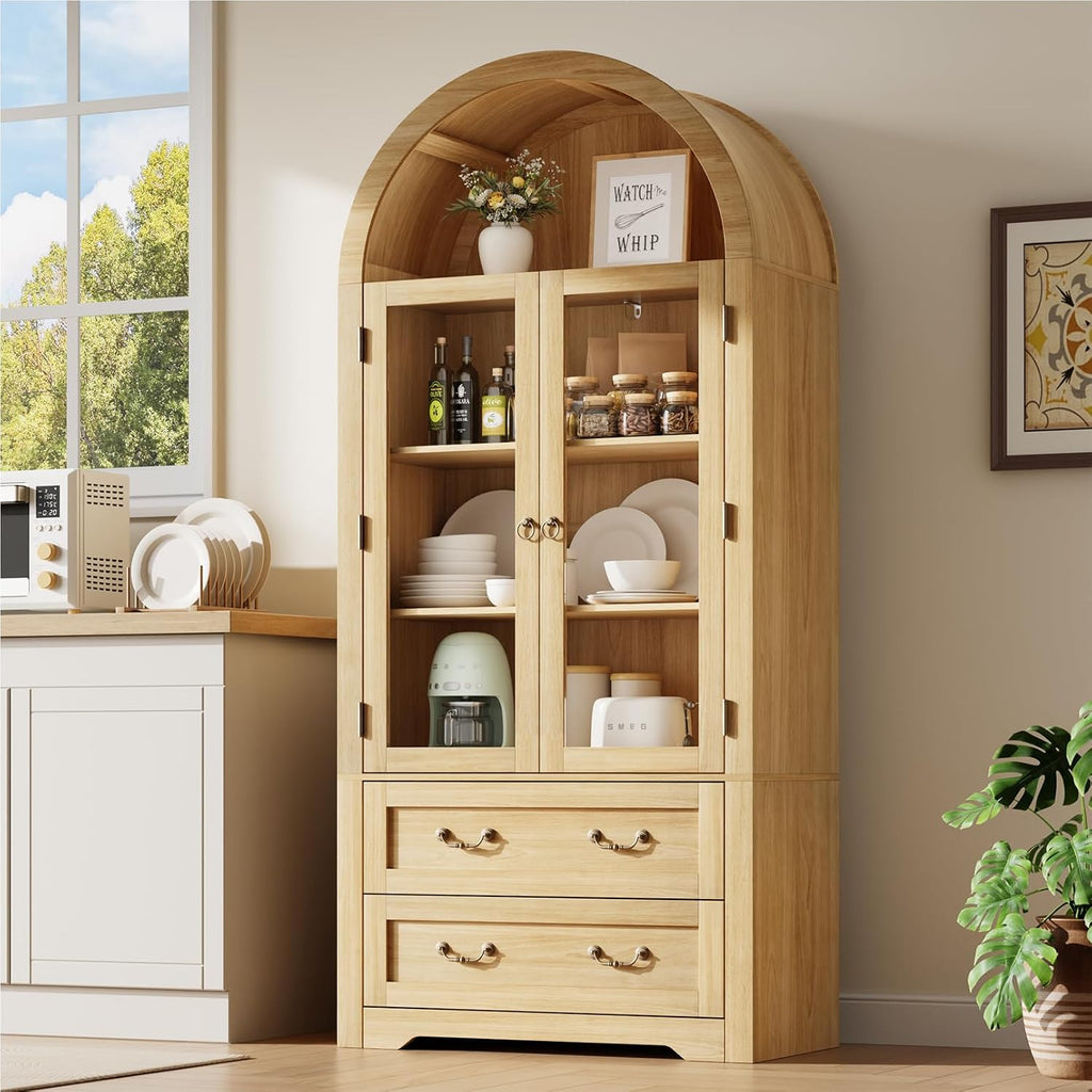 71' Tall Arched Kitchen Pantry Cabinet, Farmhouse Modern Wood Arched Cabinets with Glass Doors & 2 Large Drawers, Perfect for Kitchen, Dining Room, Living Room, Natrual