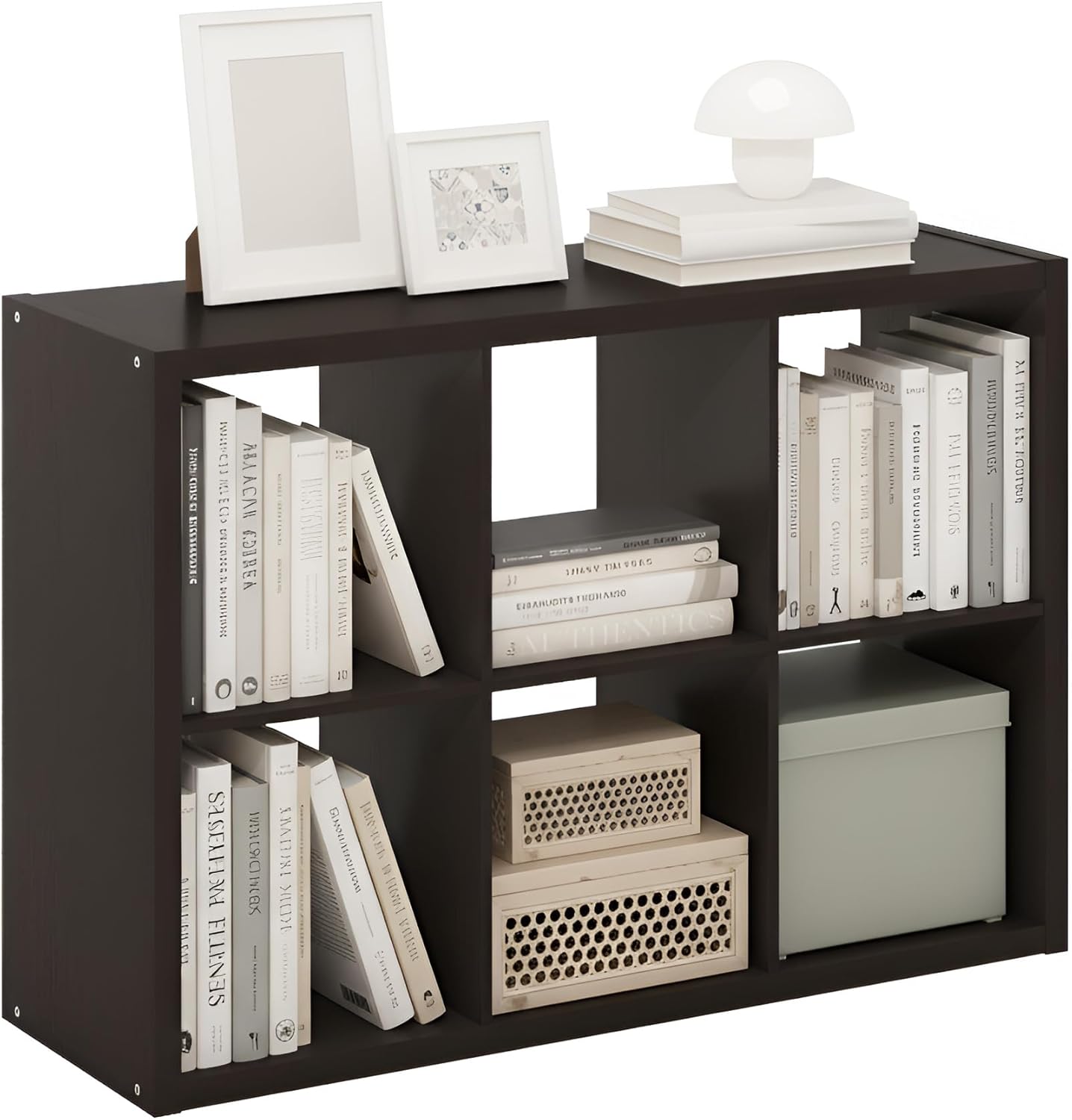 Furinno Cubicle Book Shelf, 6-Cube Bookshelf, Extra Thick Frame Horizontally & Vertically Reversible Bookcase with Open Back, 14.6' x 44' x 30', for Living Room, Bedroom, Home Office, Black Dark Oak
