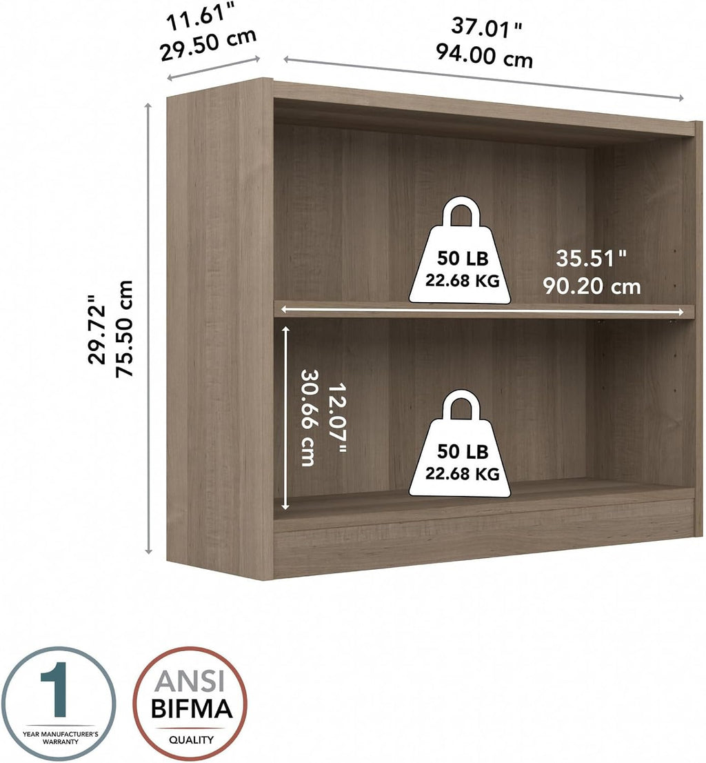 Bush Home Small 2 Shelf Bookcase, 2 Tier Bookshelf Storage Cabinet with Adjustable Shelf for Living Room, Bedroom or Home Office, Universal Collection, Ash Gray