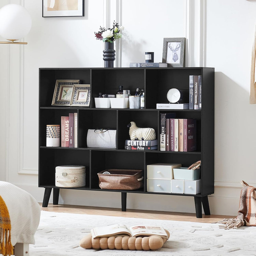 LEYAOYAO 10 Cube Bookshelf, 3 Tier Vintage 55' Wide Bookcase with Legs, Mid-Century Wood Bookshelves Storage, Black Large Book Case, Freestanding Organizer Display Shelf for Living Room, Office