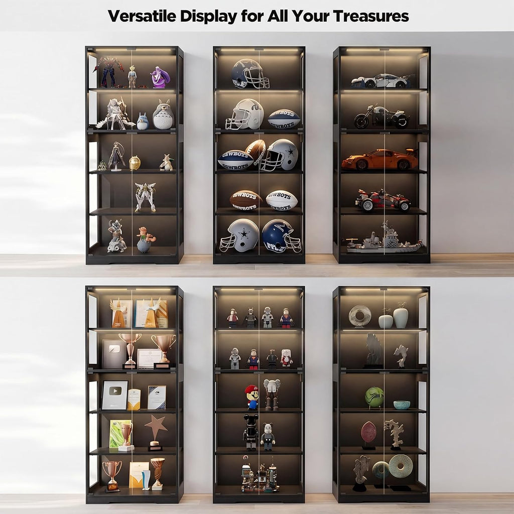 Glass Display Cabinet, 5-Tier Curio Cabinet with Glass Doors, Dimming LED Lights & Motion Sensor, for Collectible Figures, Living Room, Bedroom, or Office (Wooden Frame Black)