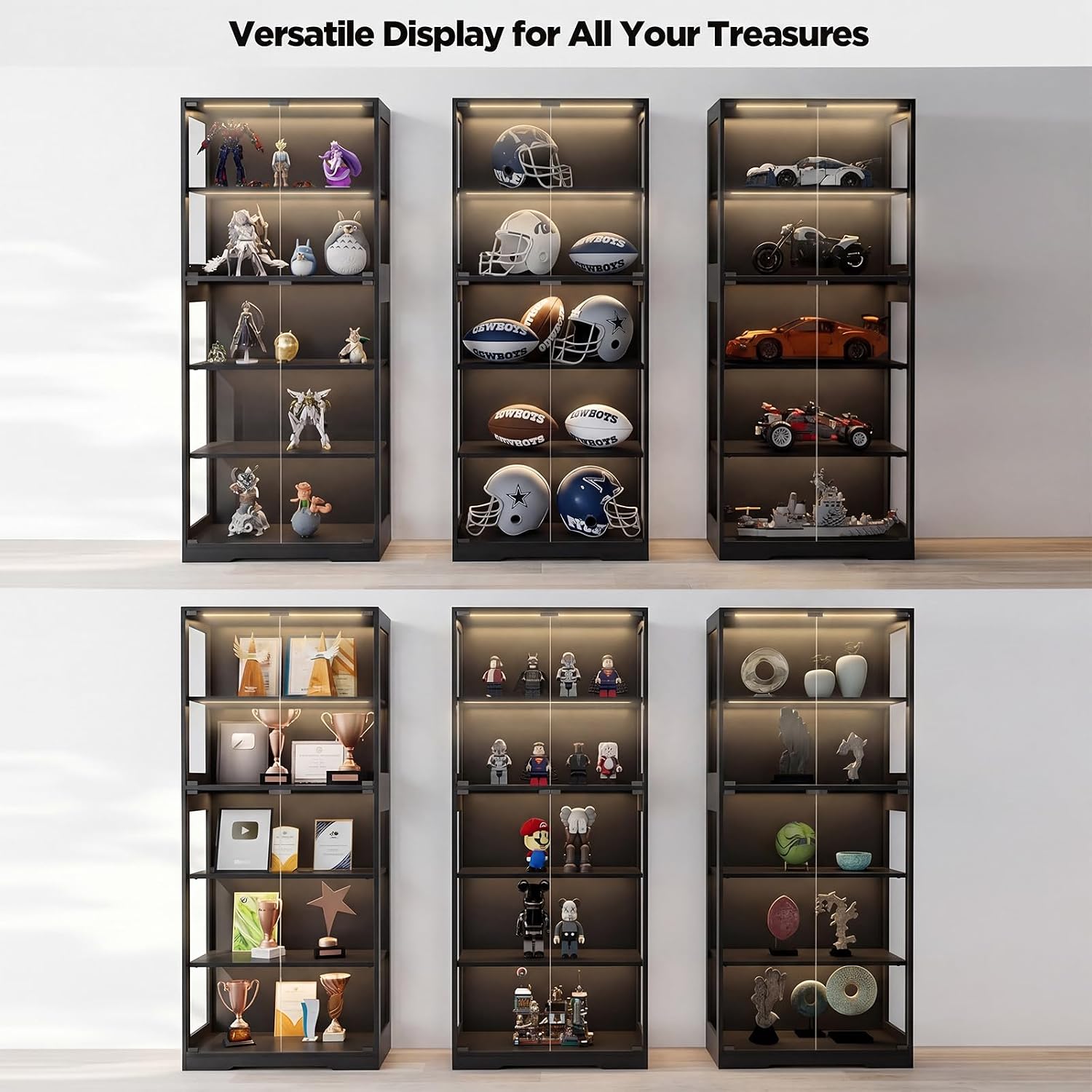 Glass Display Cabinet, 5-Tier Curio Cabinet with Glass Doors, Dimming LED Lights & Motion Sensor, for Collectible Figures, Living Room, Bedroom, or Office (Wooden Frame Black)