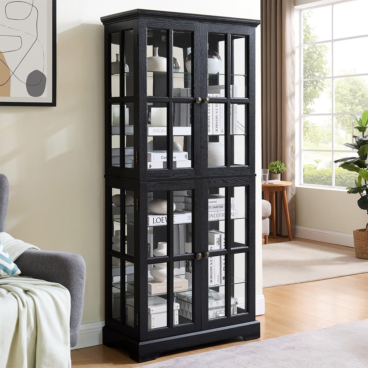 Lighted Glass Curio Cabinet with Lights & Adjustable Shelves,Curio Display Cabinet with Wood Frame & Glass Door,Corner Antique Display Case for Kitchen,Living Room,Office