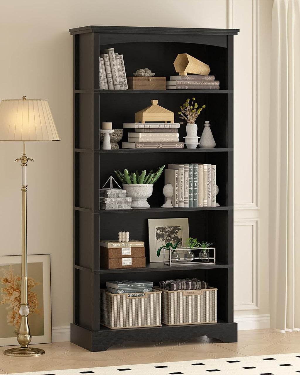 TVU 5-Tier Wooden Bookshelf, 31.5' W x 65' H ×9.9' D Bookshelf with Storage, Floor Standing Modern Style Display Bookcase for Living Room, Office, Study Room, Entryway, Black