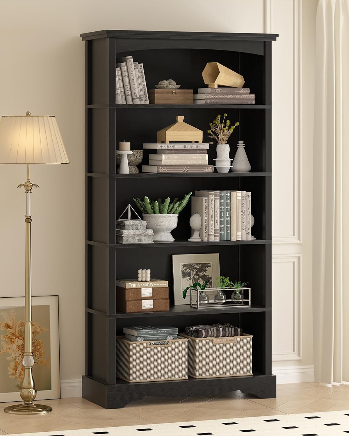 TVU 5-Tier Wooden Bookshelf, 31.5' W x 65' H ×9.9' D Bookshelf with Storage, Floor Standing Modern Style Display Bookcase for Living Room, Office, Study Room, Entryway, Black