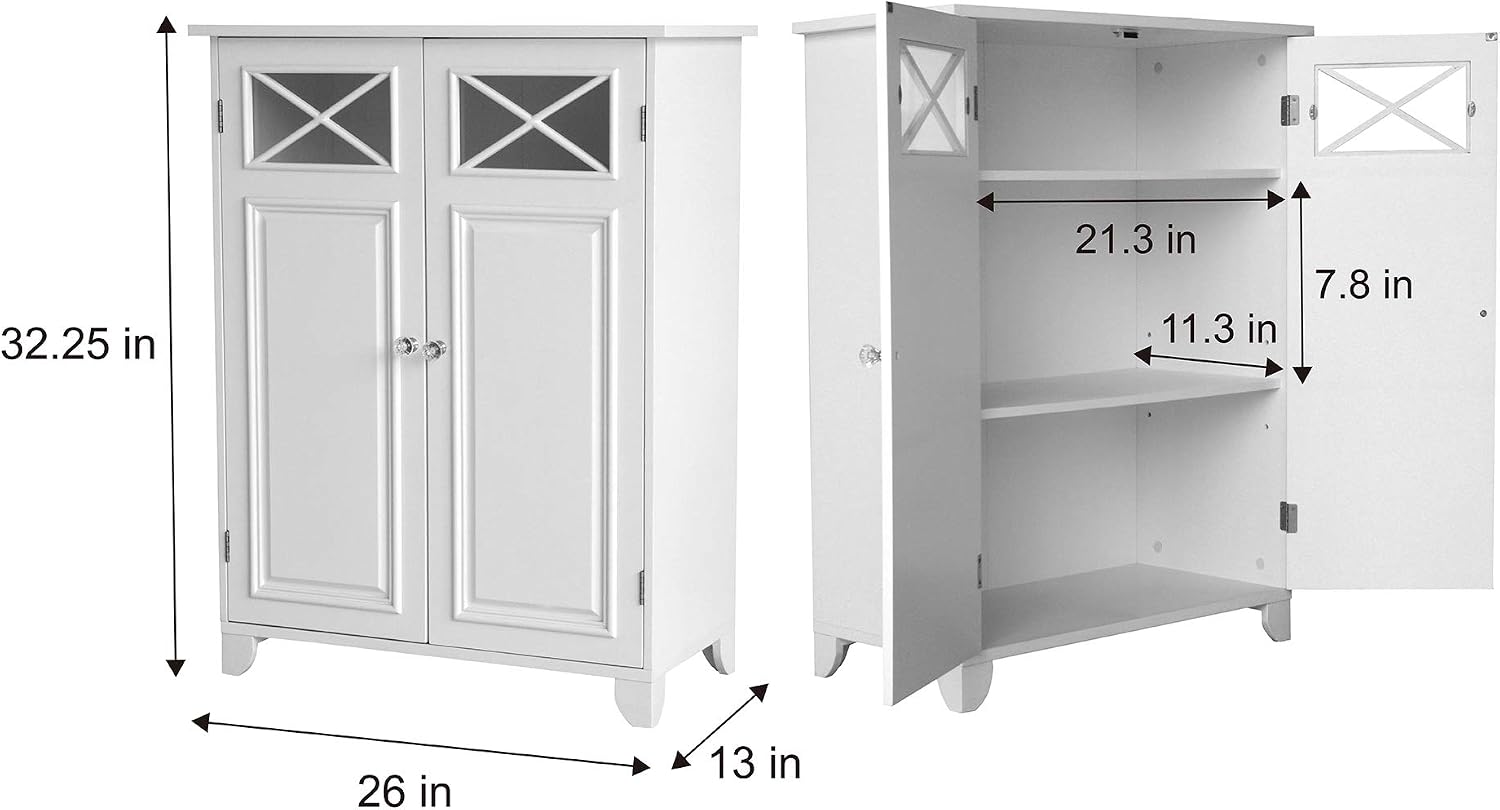 Teamson Home Dawson Wooden Freestanding Floor Cabinet with 1 Fixed 1 Adjustable Shelves 3 Storage Spaces 2 Glass Paneled Doors and 2 Clear Knobs, White